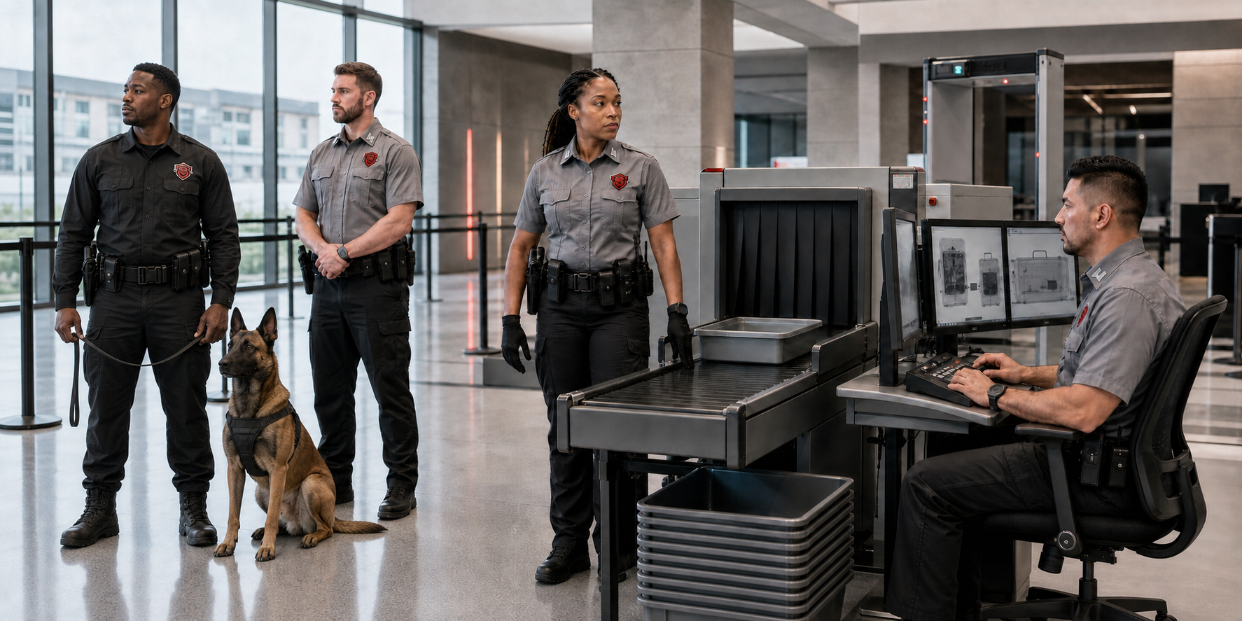 A SEBIX K-9 handler with a Belgian Malinois alongside Sergeant, Lieutenant, and Captain protective security officers at a government X-ray checkpoint