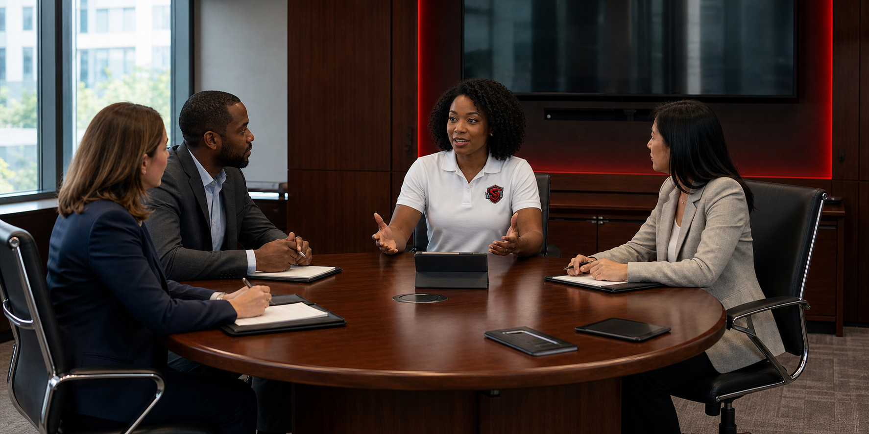 A Black woman SEBIX consultant in a white logo polo leading a government client meeting at a round table