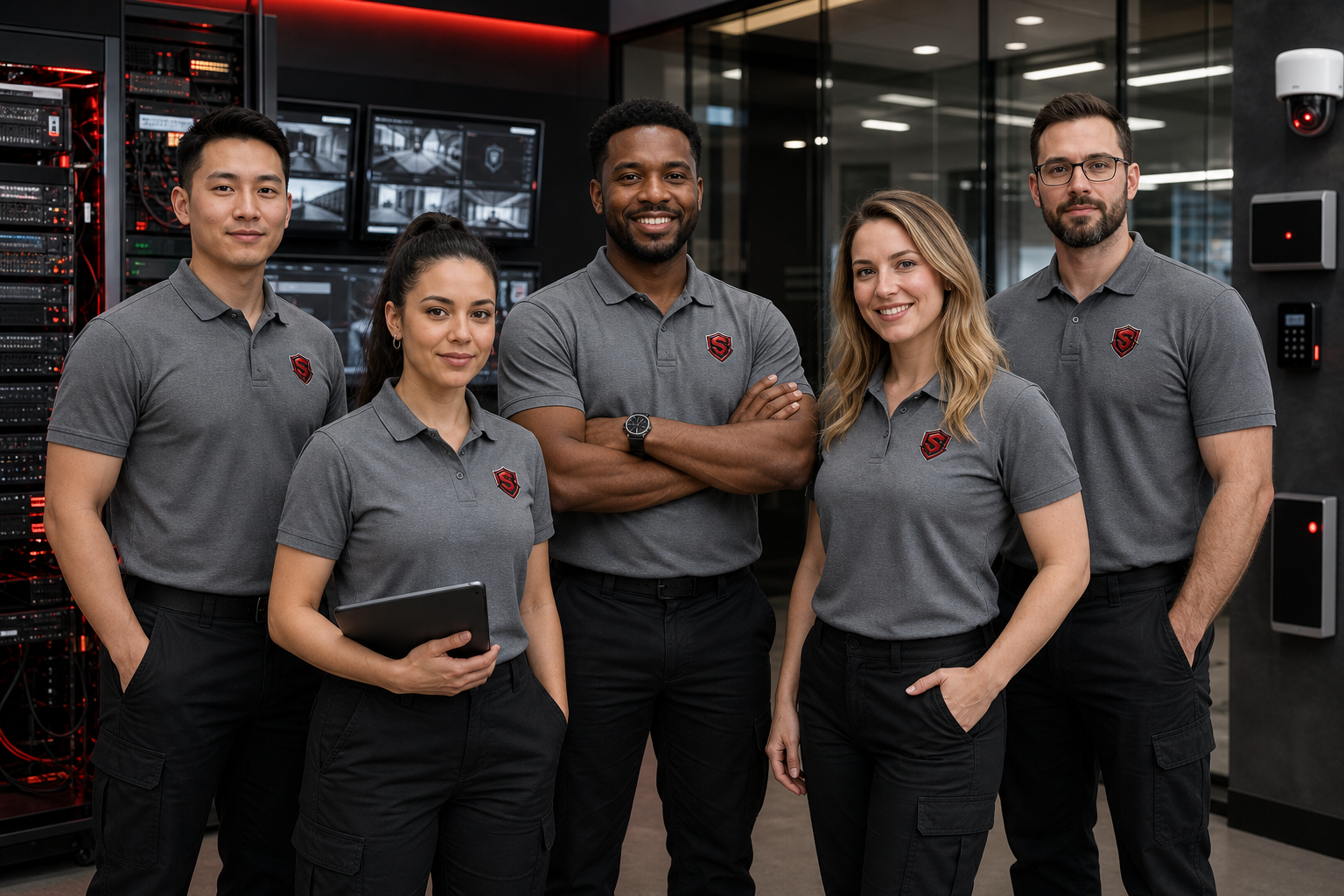 A diverse SEBIX Security Technology and IT team wearing gray logo polos